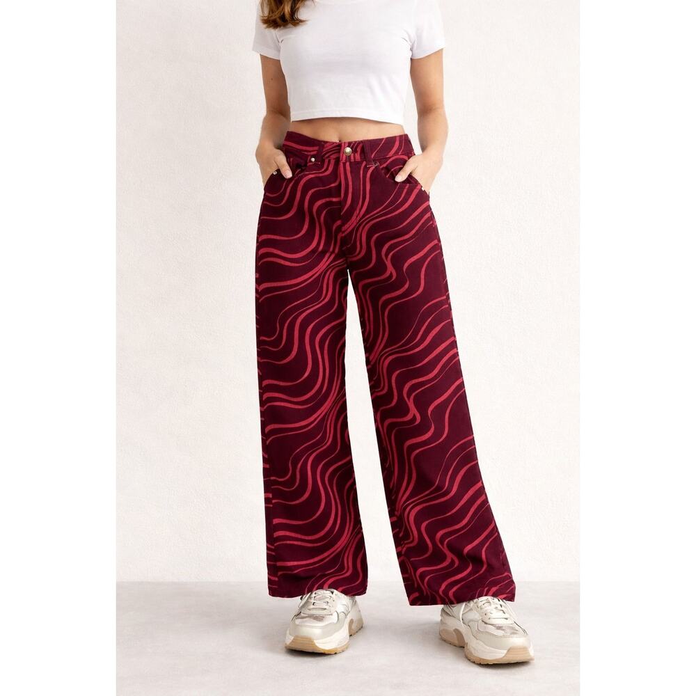 H&M Wide Leg Pants Women's 4 Burgundy Pink Wavy Print High Rise Relaxed Y2K
